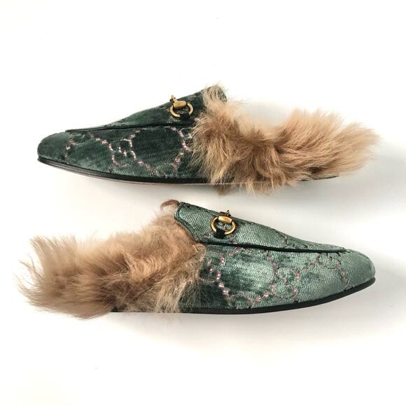 Gucci Princetown Horsebit Monogram Fur Avio Dusty Pink Velvet Slip On Mules 38.5 - Picture 6 of 10